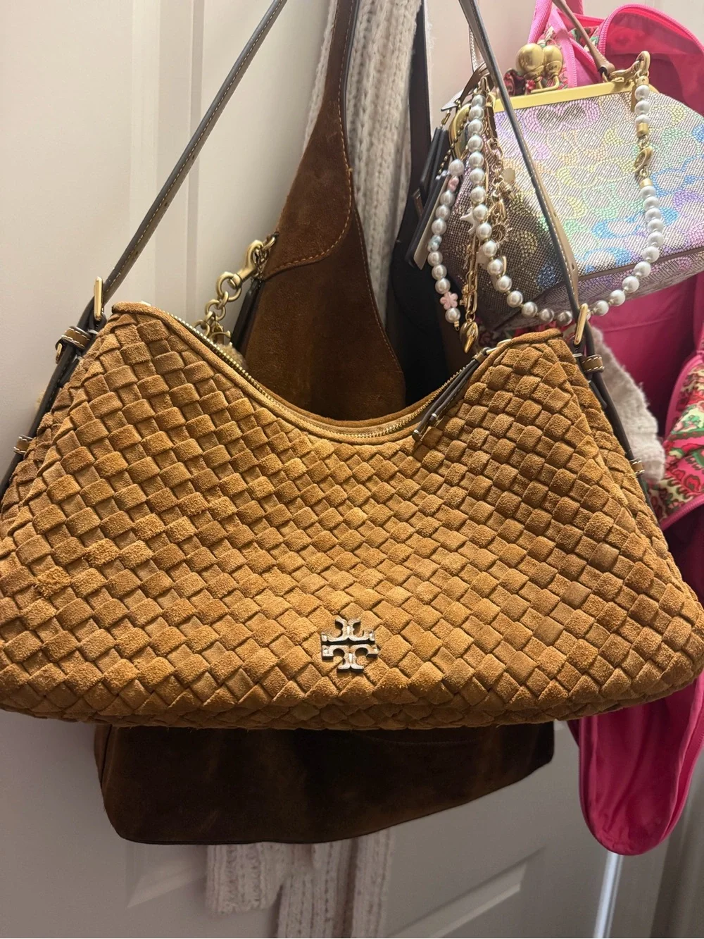 Tory Burch Woven Suede Shoulder Bag in Camel Brown with Gold Logo